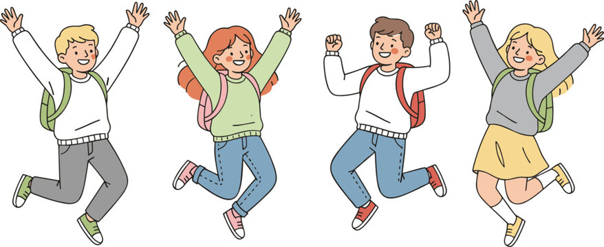 Group of happy school children with backpacks jumping and celebrating together line art vector illustration style.