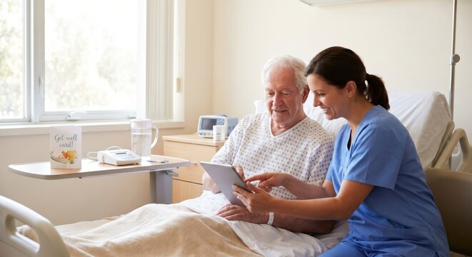 Nurse explaining medical results to senior patient on tablet