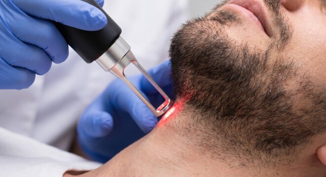 Man receiving laser beard shaping treatment on neck