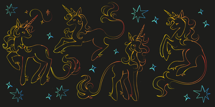A dramatic vector set featuring unicorn outlines with a glowing warm gradient shifting from golden yellow to deep orange. These "fire-lit" lines pop against the black background, ideal for high-impact