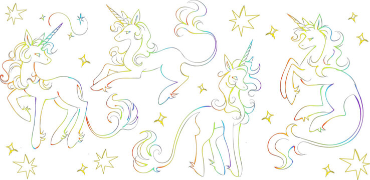 A light and optimistic vector set featuring elegant unicorn outlines in a full rainbow spectrum on a crisp white field. This clean and colorful design is ideal for diverse children&rsquo;s products, modern 