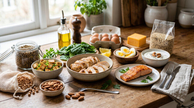 Grilled chicken breast cooked salmon boiled eggs tofu almonds spinach olive oil cheese lentils and yogurt on wooden table in kitchen with natural light