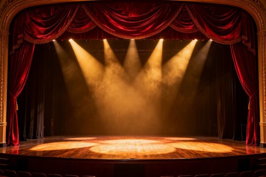 Empty theater stage with red curtains