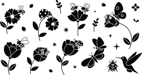 Black and White Floral and Insect Icon Set Featuring Bees, Butterflies, Ladybugs, and Hummingbirds © Mohammad