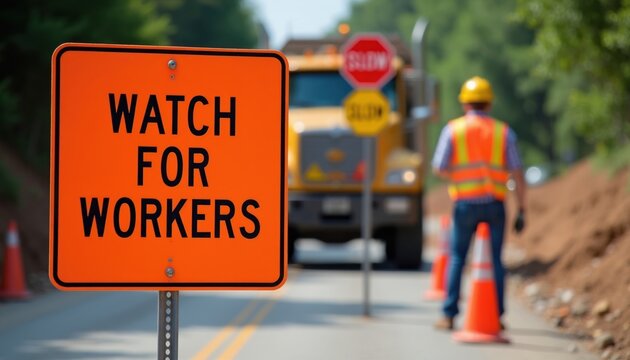 Orange sign warns drivers Watch for Workers on road construction site. Flagger in safety vest, hard hat stands near truck, directing traffic flow. Safety cones mark work area, indicating active road