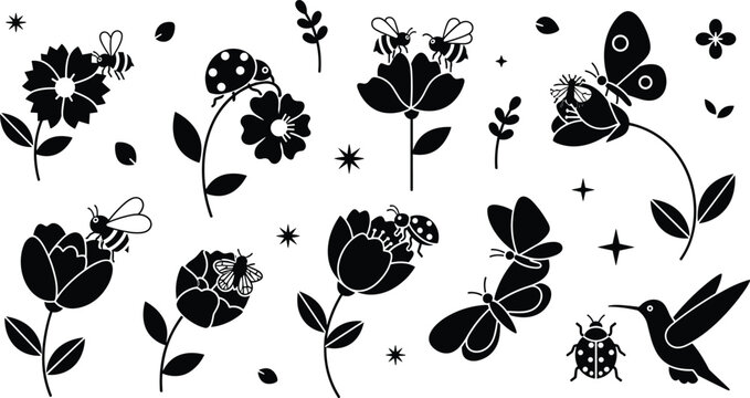 Black and White Floral and Insect Icon Set Featuring Bees, Butterflies, Ladybugs, and Hummingbirds