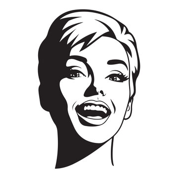 Vector illustration of a laughing woman's face in high contrast black and white. Pop art style portrait ideal for retro designs and expressive character art