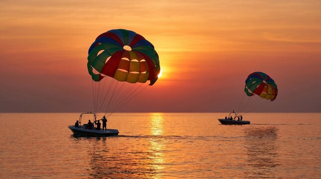 amazing shot at sunset of Parasailing water amusement - flying on a parachute behind a boat on a summer holiday by the sea in the resort Baga beach Goa India India .