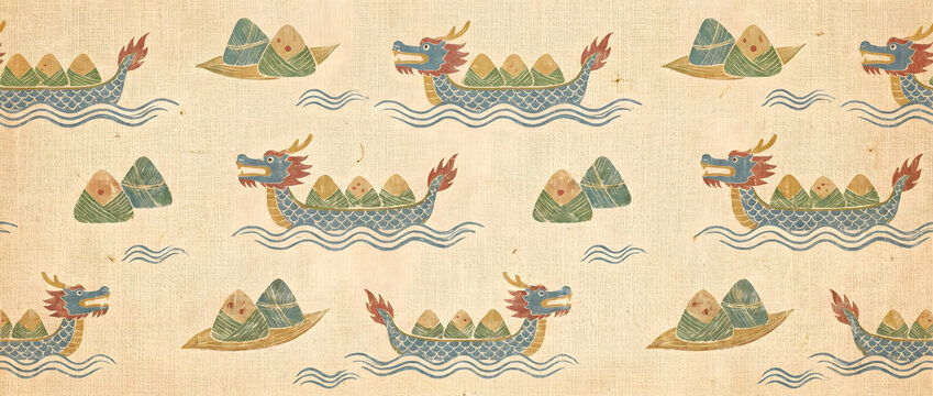 Traditional dragon boat and zongzi pattern illustration for the Dragon Boat Festival celebration