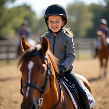 Young girl smiles riding chestnut horse wearing helmet and riding gear. Child enjoys equestrian lesson outdoors. Another rider visible in background on sunny day.