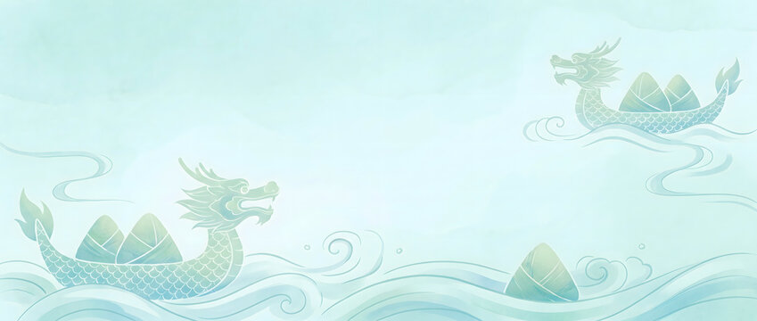 Green dragon boat carrying zongzi on wavy water with auspicious clouds in traditional Chinese style