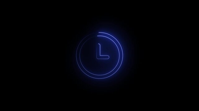 A glowing neon clock shows the time at quarter past two against a stark black background