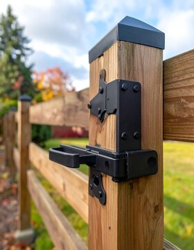 Outdoor wooden fence gate latch detail