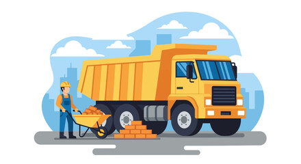 Naklejka premium Man standing beside a yellow dump truck.