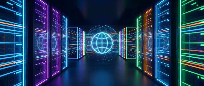 Neon-lit data center server corridor with glowing racks and digital globe visualization