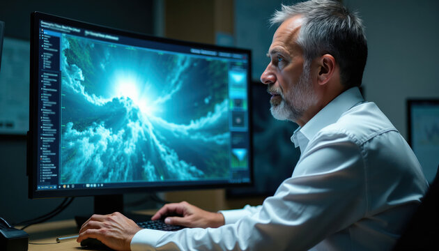 Man looks at computer screen with bright abstract light. Bearded guy works on digital project in dark office room. Person uses keyboard and mouse for computer input.
