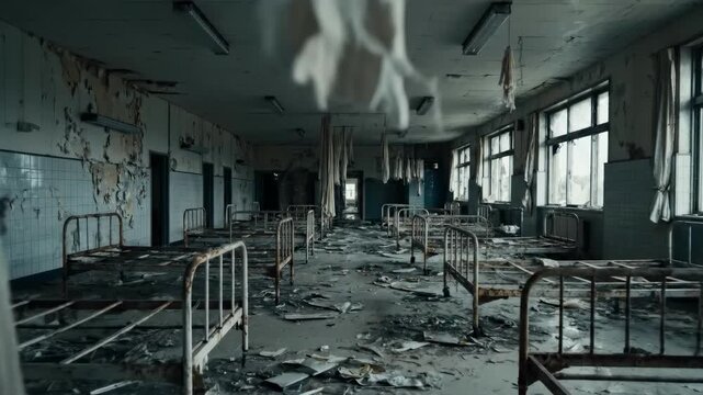 An eerie and desolate scene of an abandoned hospital ward with old beds and debris scattered everywhere.