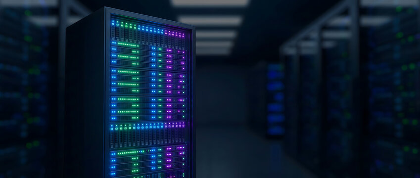 Data center server rack with colorful LED indicators in close-up view