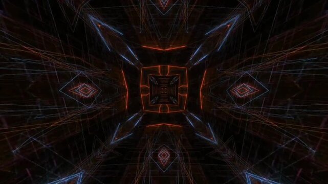 A highly dynamic, cyberpunk-style futuristic tunnel visualization. The design uses fractal geometry with neon lines in electric blue and copper orange moving symmetrically.