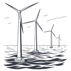 Offshore wind turbines illustration black and white vector art on water © rrr