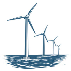 Wind turbines at sea vector illustration with blue wavy water © rrr