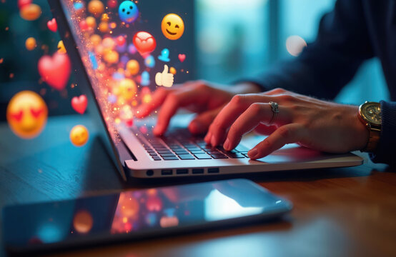 Person types on laptop. Colorful emoji reactions float from screen, showing online social media interaction and communication. Digital engagement sparks on device.