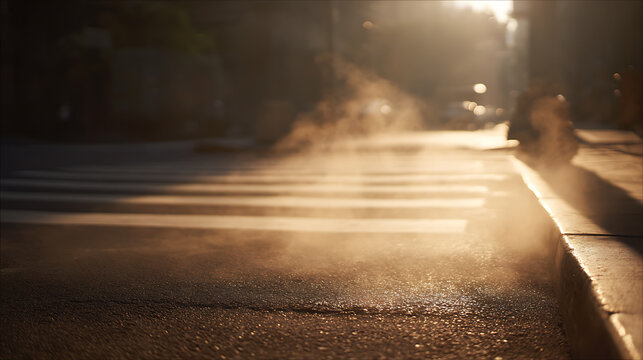 Urban street scene with a crosswalk and steam, illuminated by warm sunlight, creating a mysterious and atmospheric glow on the asphalt and curb