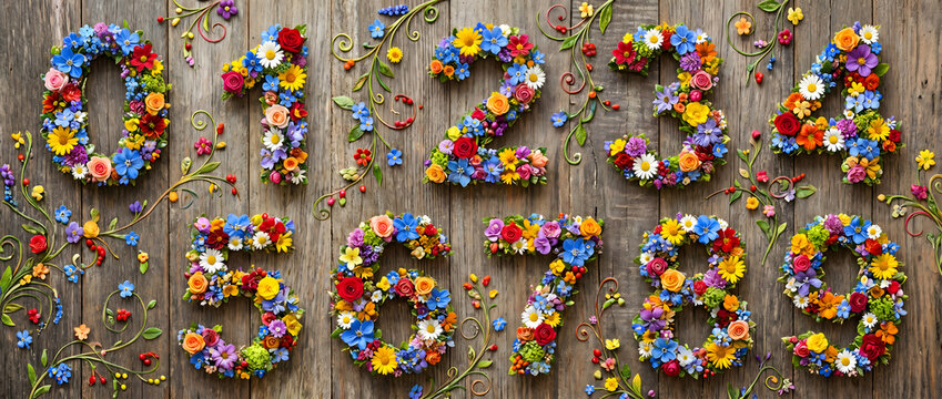Numbers zero through nine crafted from colorful flowers arranged on a rustic wooden background
