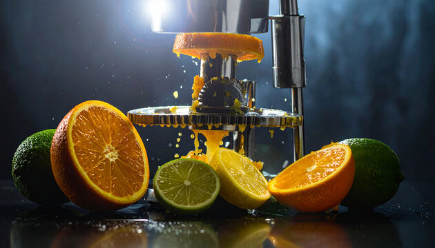 Oranges and limes being juiced by a mechanical press with juice splashing citrus juicing