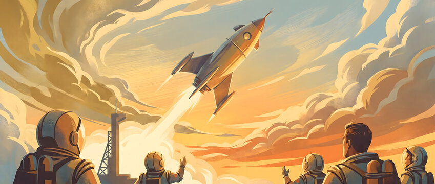Astronauts watching a rocket launch into the sky in a retro-style illustration scene