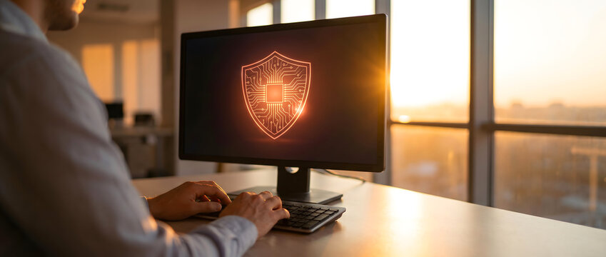 Office worker operating computer with cybersecurity shield displayed on monitor screen