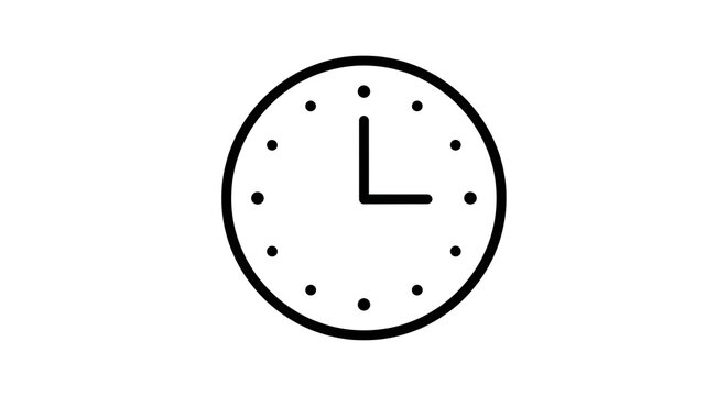 Simple black and white clock face icon showing three o'clock, representing time management