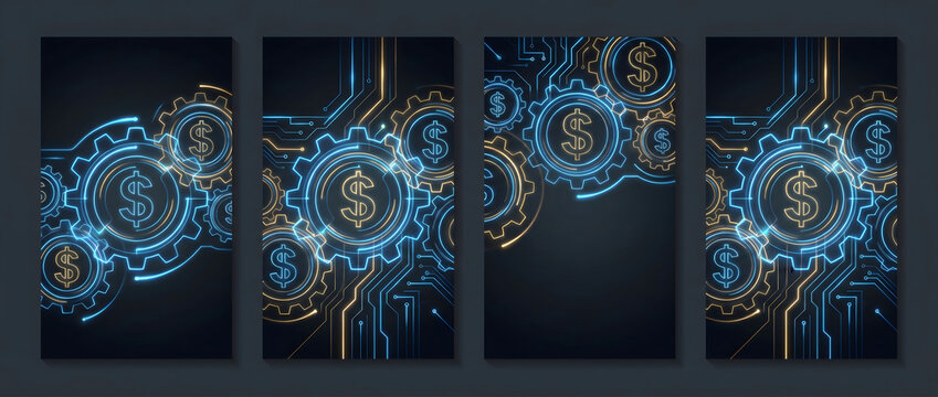Blue circuit board with gear mechanisms and dollar symbols in a futuristic tech background