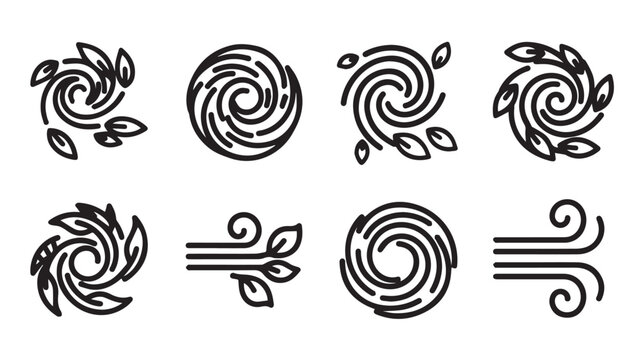 Abstract swirling wind gusts with leaves in minimalist line art style against white background