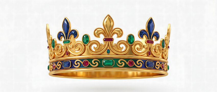 Golden royal crown adorned with blue sapphire, emerald, and ruby gemstones featuring fleur-de-lis motifs and ornate scrollwork