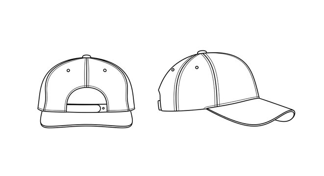 Line drawings of a baseball cap from front and side views, useful for fashion, apparel design, and branding.