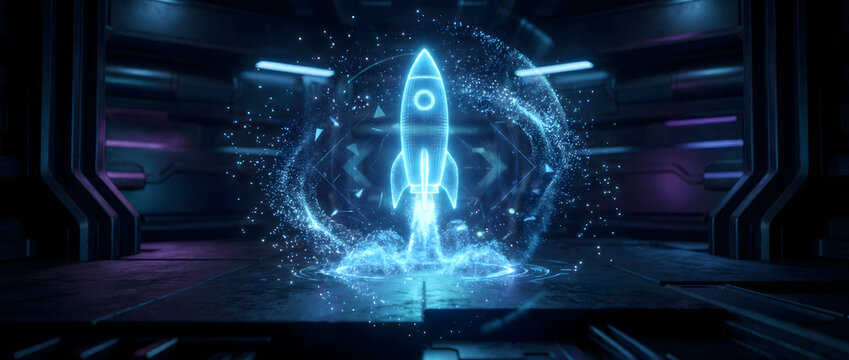Blue glowing rocket launching upward in a futuristic tech-themed sci-fi scene with particle effects and digital energy rings