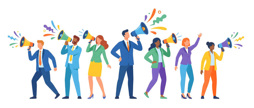 Illustration of diverse team members holding megaphones and shouting for promotion and communication