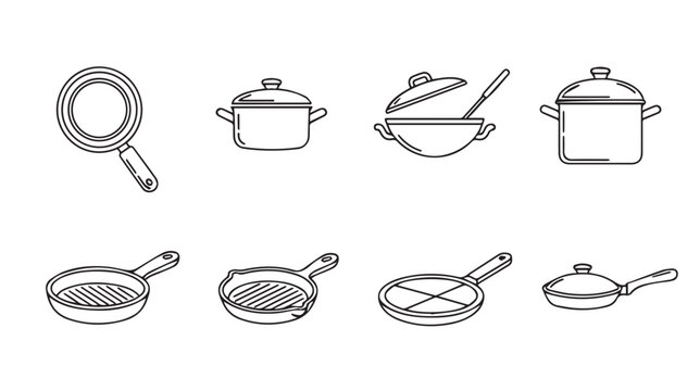 Assorted kitchen cookware line drawings with pans and pots on white background simple flat design