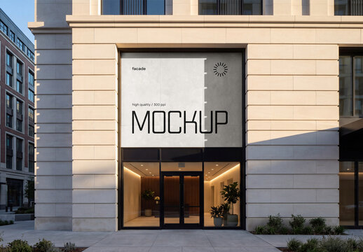 Luxury Building Facade Mockup with Large Blank Banner Above Shop Entrance for Outdoor Advertising Branding Showcase