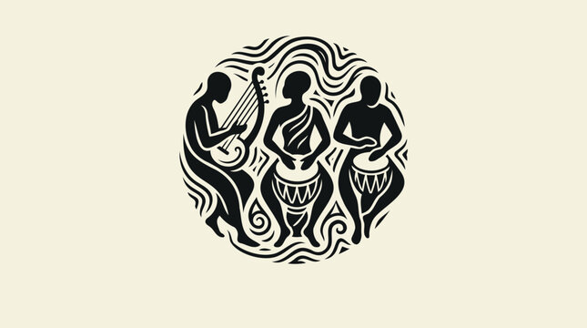 Dynamic illustration of traditional musicians celebrating rhythmic harmony with ancient instruments in a cultural circle design