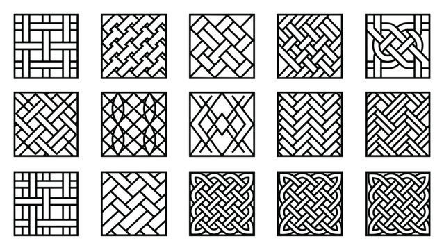 Square tile set vector illustration grid weave knot mesh motif decor design study pattern series