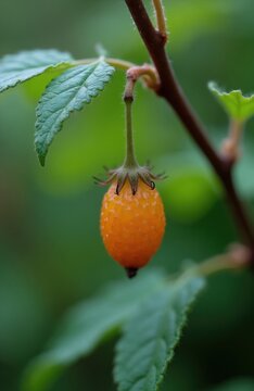 Single ripe salmonberry fruit hangs from a thin stem. Green leaves and blurred background show wild plant. Macro shot captures plant detail.