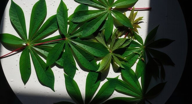 Vibrant Green Cassava Leaves Bathed In Natural Light And Water Droplets