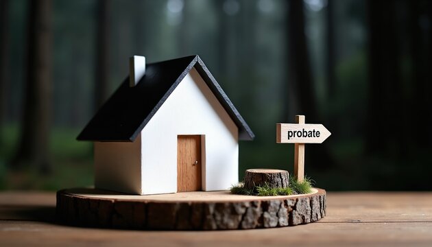 Miniature house with probate sign. Legal estate administration and property inheritance proceedings. Decision for legal action or property transfer process is upcoming.