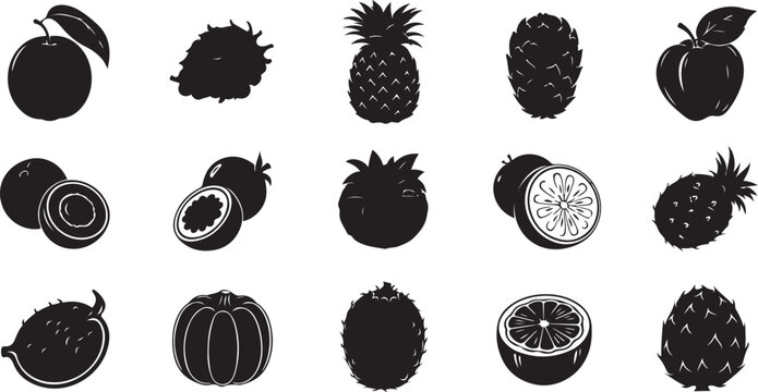 Tropical and exotic fruit icon silhouettes vector set