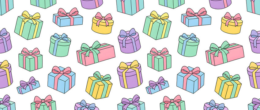 Colorful gift boxes illustration with repeating pattern background in flat cartoon style