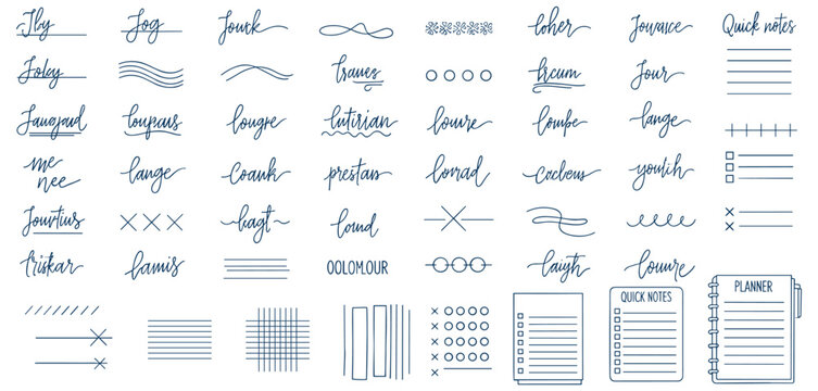 Hand drawn calligraphy set with planner elements and cursive text vector illustration for digital journaling