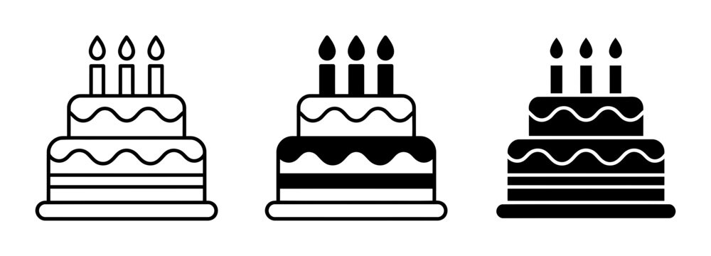 Birthday cake icon set with candles, outline and solid glyph styles, white background, vector Illustration