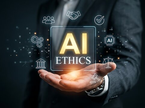 Businessman holds holographic AI ethics interface with icons of justice and human connection symbolizing responsible technology development and implementation